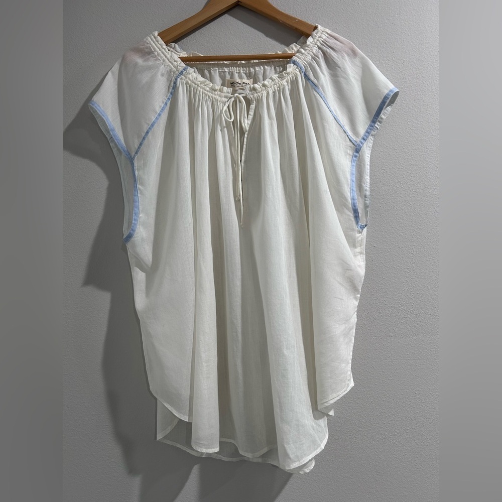 We The Free    Oversized Top Blouse
White Gauze Sheer Tie Neck Blue - Picture 2 of 11